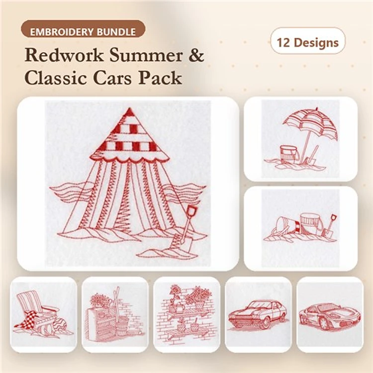 Redwork Summer Beach Embroidery Designs Bundle – Beach Tent, Classic Car, Umbrella & More (12 Designs)