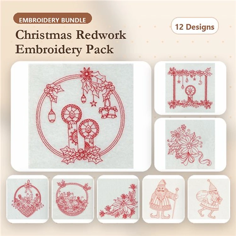 Redwork Christmas Embroidery Designs Bundle – Wreath, Holly with Bells, Santa Gnome & More (12 Designs)