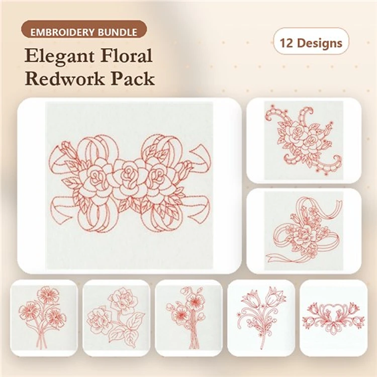 Redwork Elegant Floral Embroidery Designs Bundle – Floral Bouquet with Ribbons, Flower Sprig, Ornate Floral Arrangement & More (12 Designs)