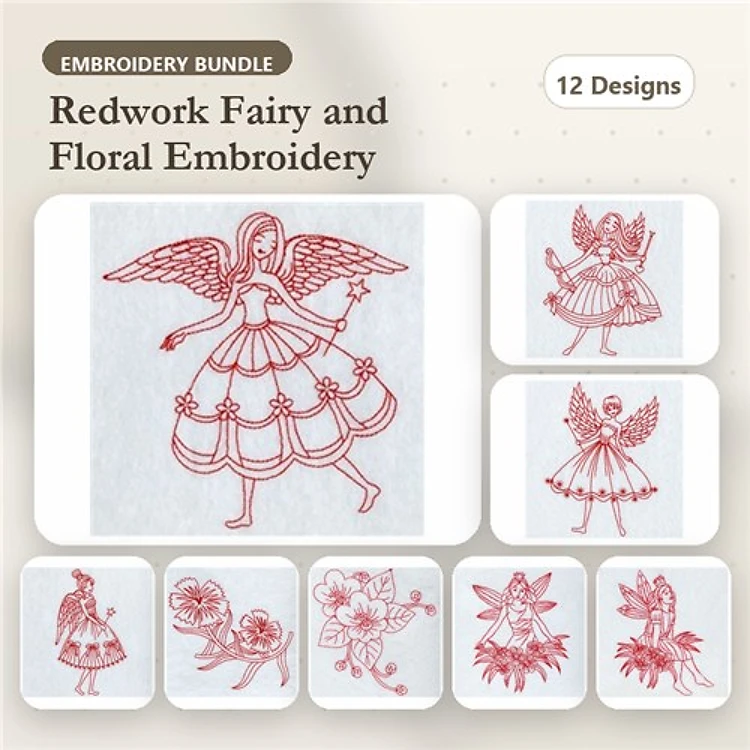 Redwork Fairy and Floral Embroidery Designs Bundle – Fairy with Wand, Floral Arrangement with Ribbon, & More (12 Designs)