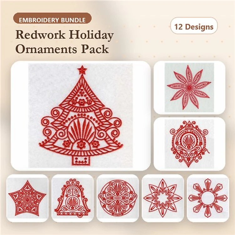 Redwork Holiday Ornaments Embroidery Designs Bundle – Christmas Tree, Star, Bell & More (12 Designs)