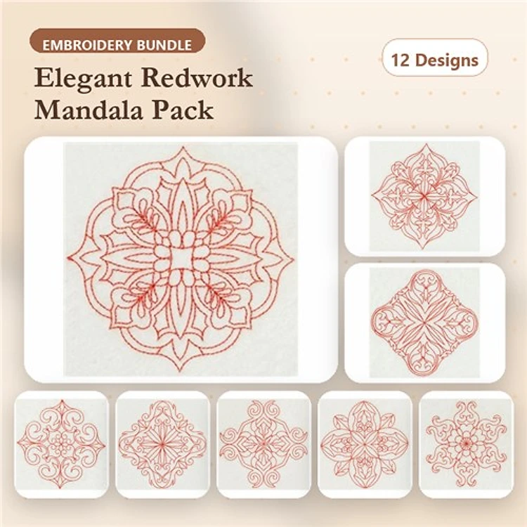 Redwork Elegant Mandalas Embroidery Designs Bundle – Mandala Design 1, Mandala Design 2, Mandala Design 3 & More (12 Designs)