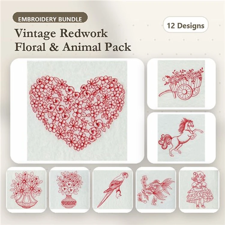 Redwork Vintage Floral and Animal Embroidery Designs Bundle – Heart Floral, Unicorn, Flower Cart & More (12 Designs)