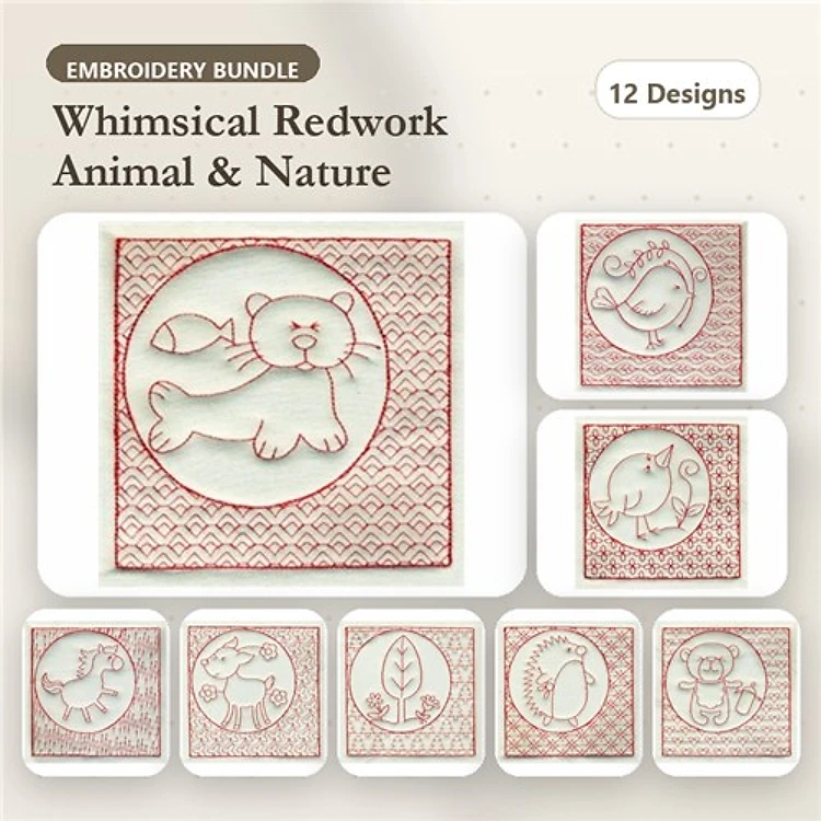 Whimsical Animal & Nature Embroidery Bundle – Redwork Designs (12 Designs)