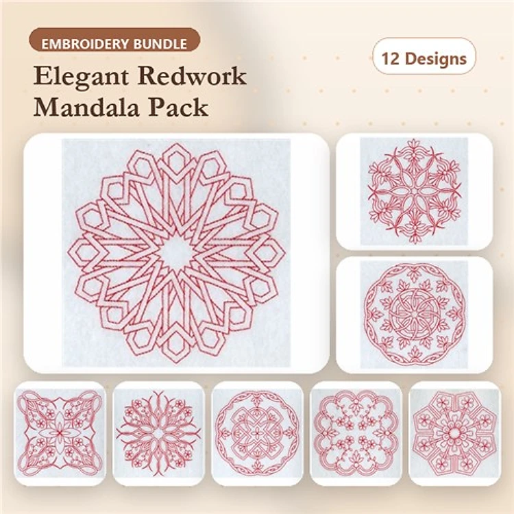 Redwork Elegant Mandala Embroidery Designs Bundle – Mandala Design 1, Mandala Design 2, Mandala Design 3 & More (12 Designs)