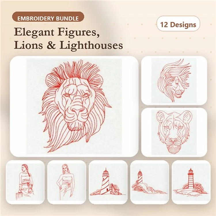 Redwork Lions & Elegant Figures Embroidery Designs Bundle – Lion Head, Elegant Lady Figure, Lioness Head & More (12 Designs)
