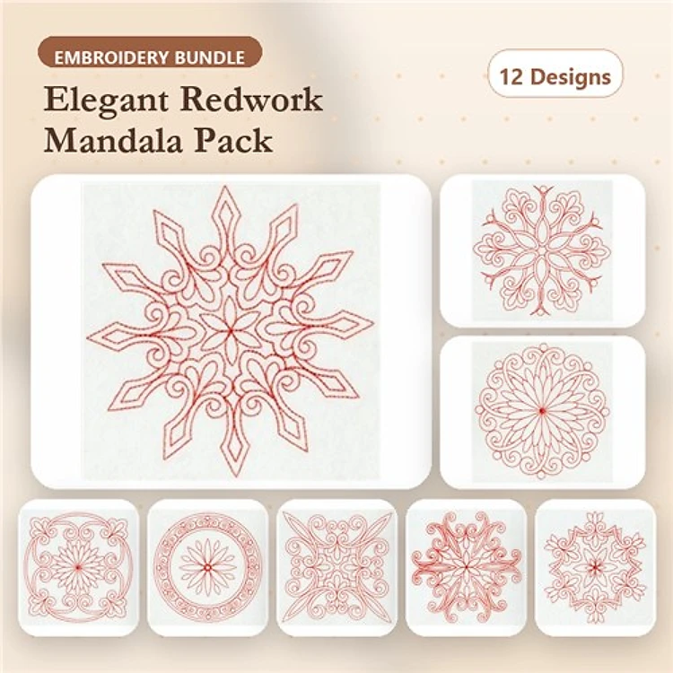 Redwork Elegant Mandala Embroidery Designs Bundle – Intricate Line Work & Symmetrical Patterns (12 Designs)