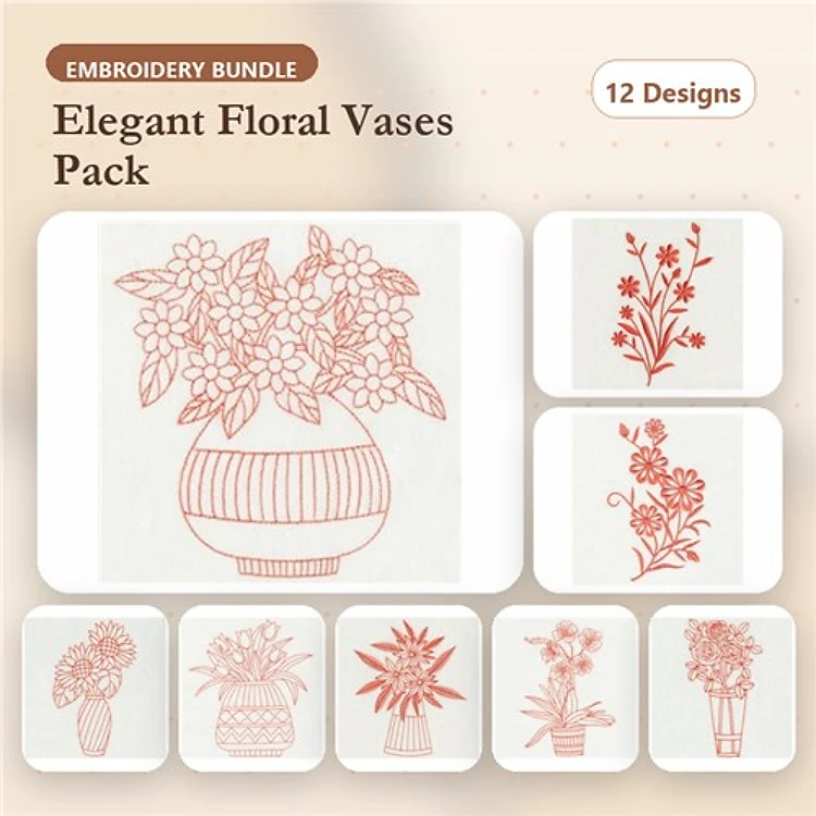 Redwork Floral Vase Embroidery Designs Bundle – Vase with Flowers, Floral Arrangement in a Vase & More (12 Designs)