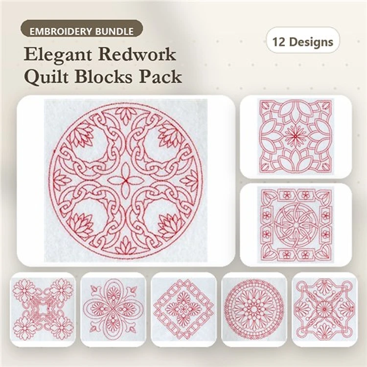 Redwork Quilt Blocks Embroidery Designs Bundle – Circular Floral, Interlocking Hearts, Ornate Square & More (12 Designs)