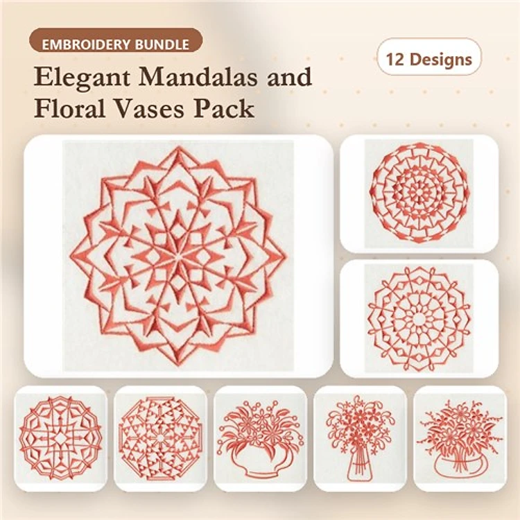 Redwork Floral & Mandala Embroidery Designs Bundle – Elegant Mandala 1, Floral Vase 1, Ornate Floral 1 & More (12 Designs)