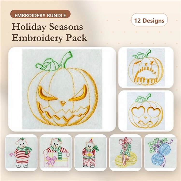 Redwork Holiday Embroidery Designs Bundle – Jack-o'-Lantern, Polar Bear with Gift, Christmas Ornament & More (12 Designs)
