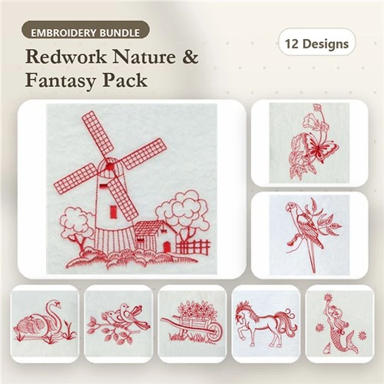 Redwork Nature & Fantasy Embroidery Designs Bundle – Windmill, Unicorn, Floral Arrangement & More (12 Designs)