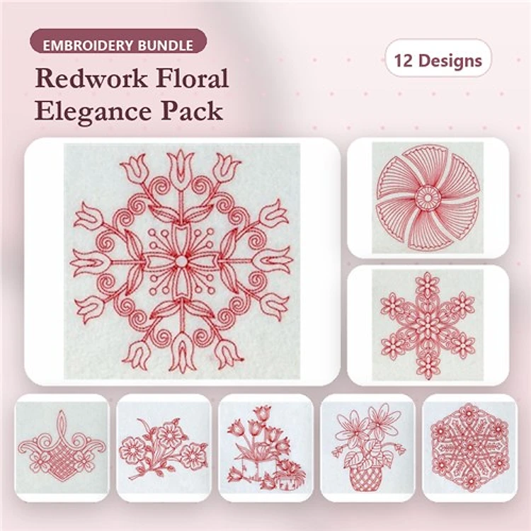 Redwork Floral Embroidery Designs Bundle – Tulip Motif, Floral Mandala, Flower Ornament & More (12 Designs)
