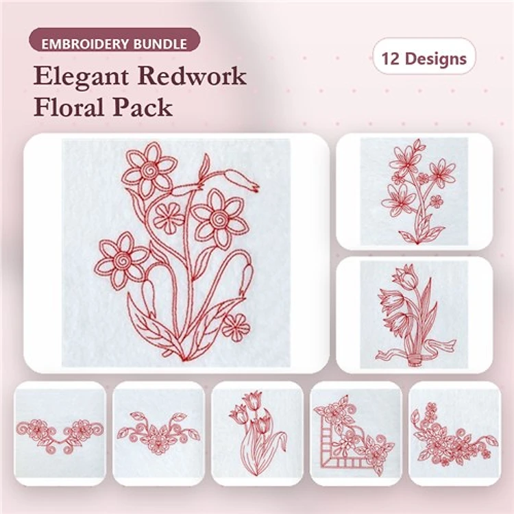 Redwork Elegant Floral Embroidery Designs Bundle – Flower Bouquet, Single Floral Stem, Woven Flower Border & More (12 Designs)