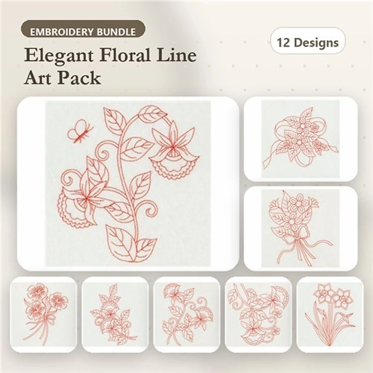 Redwork Elegant Floral Embroidery Designs Bundle – Floral Arrangement, Orchid Bouquet, Flower Spray & More (12 Designs)