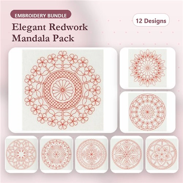 Redwork Mandala Embroidery Designs Bundle – Mandala with Flowers, Geometric Star Mandala, Circular Lace Mandala & More (12 Designs)