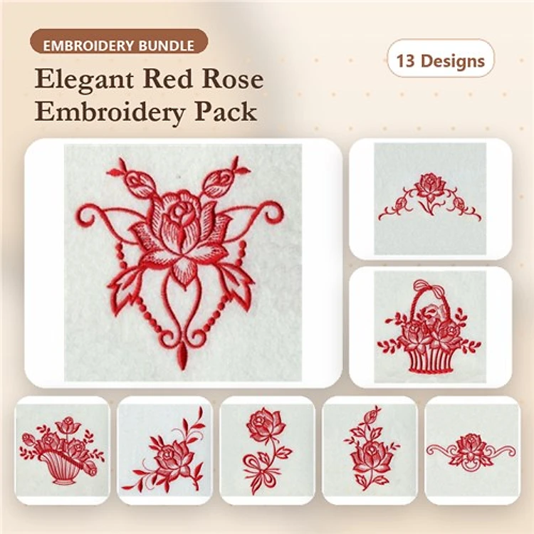 Redwork Elegant Rose Embroidery Designs Bundle – Rose Bouquet, Single Red Rose, Decorative Rose Frame & More (13 Designs)