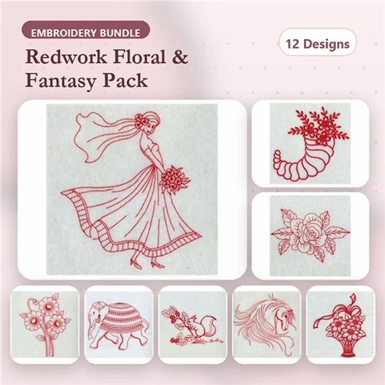 Redwork Floral and Fantasy Embroidery Designs Bundle – Flower Girl, Cornucopia, Unicorn & More (12 Designs)