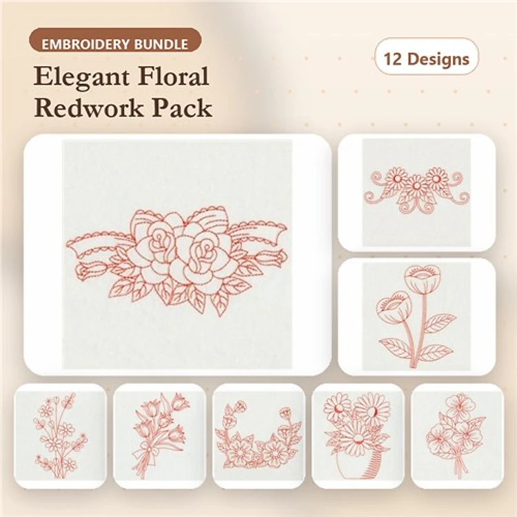 Redwork Floral Embroidery Designs Bundle – Floral Arrangement, Rose Bouquet, Wildflower Cluster & More (12 Designs)