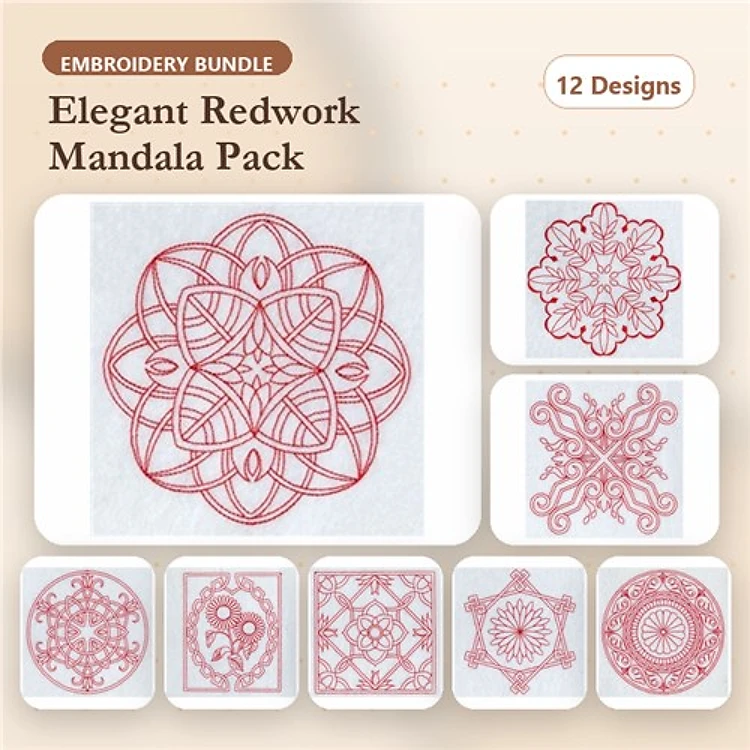 Redwork Elegant Mandala Embroidery Designs Bundle – Intricate Mandala Design 1, Mandala Design 2, Mandala Design 3 & More (12 Designs)