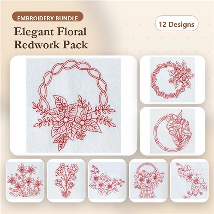 Redwork Elegant Floral Embroidery Designs Bundle – Floral Basket, Floral Wreath, Flower Circle & More (12 Designs)