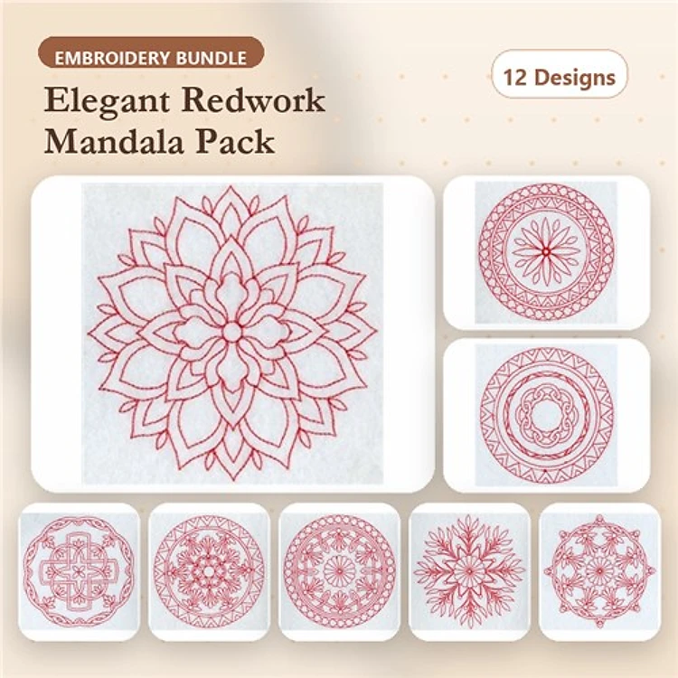 Redwork Elegant Mandala Embroidery Designs Bundle – Mandala Flower, Circular Mandala, Geometric Mandala & More (12 Designs)