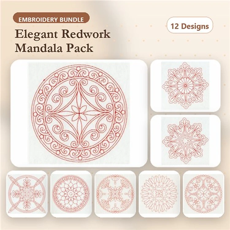 Redwork Elegant Mandalas Embroidery Designs Bundle – Mandala with Star, Floral Mandala 1, Floral Mandala 2 & More (12 Designs)