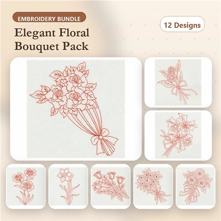 Redwork Floral Bouquets Embroidery Designs Bundle – Rose Bouquet, Tulip Bouquet, Lily Bouquet & More (12 Designs)