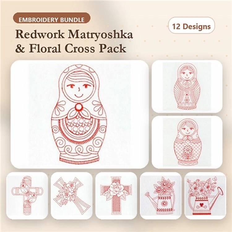 Redwork Matryoshka Dolls & Floral Cross Embroidery Designs Bundle – Circles, Flowers, Hearts & More (12 Designs)