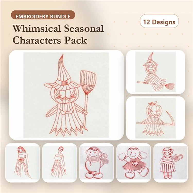 Redwork Whimsical Seasonal Characters Embroidery Bundle – Witch, Scarecrow, Angel & More (12 Designs)