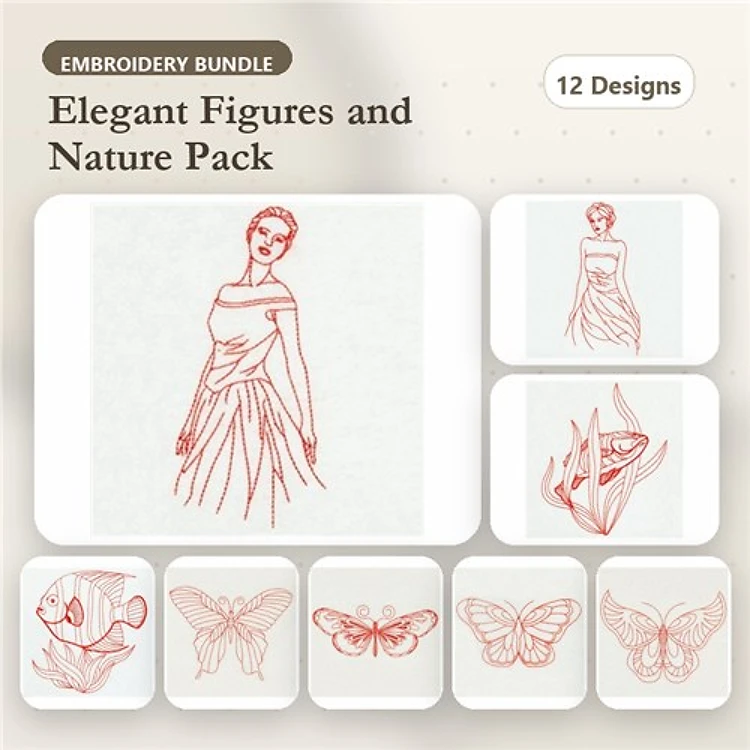 Redwork Elegant Figures & Nature Embroidery Designs Bundle – Elegant Woman in Dress, Butterfly with Pattern, & More (12 Designs)