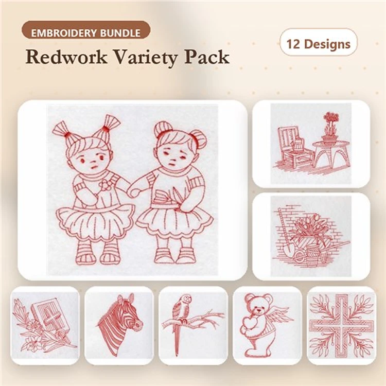 Redwork Embroidery Designs Bundle – Dancing Girls, Teddy Bear, Horse & More (12 Designs)