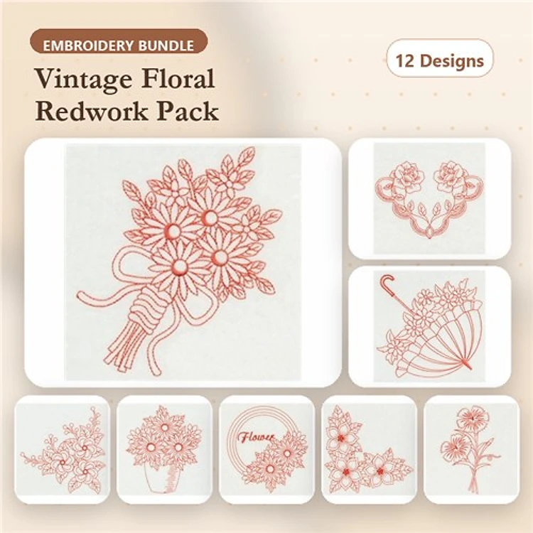 Redwork Vintage Floral Embroidery Designs Bundle – Bouquet of Flowers, Rose Cluster, Umbrella with Flowers & More (12 Designs)