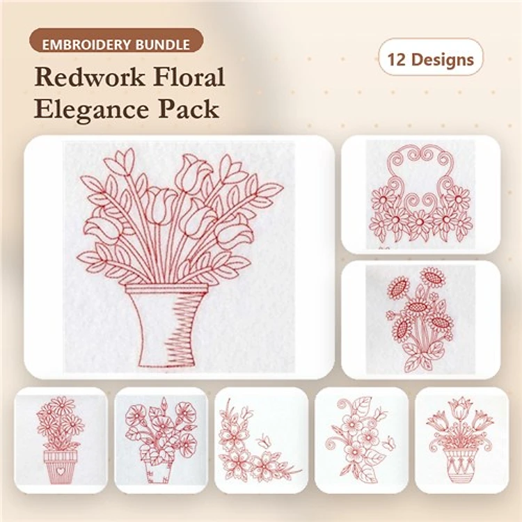 Redwork Floral Bouquet Embroidery Designs Bundle – Tulip Bouquet, Rose Arrangement, Vase with Wildflowers & More (12 Designs)