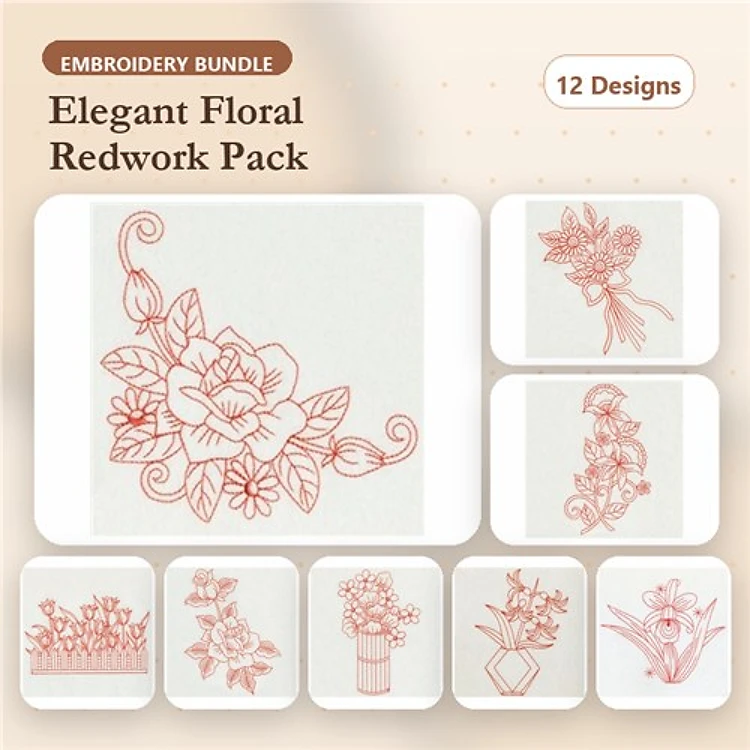 Redwork Elegant Floral Embroidery Designs Bundle – Rose Bouquet, Tulip Bouquet, Floral Basket & More (12 Designs)