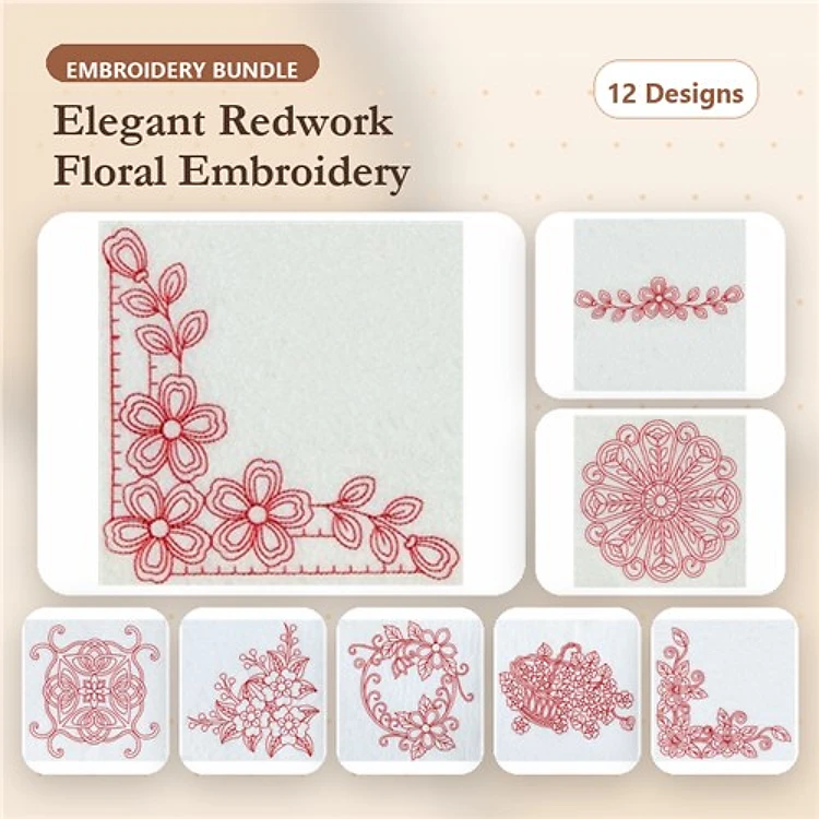 Redwork Floral Embroidery Designs Bundle – Floral Corner, Floral Vine, Floral Decorative Circle & More (12 Designs)