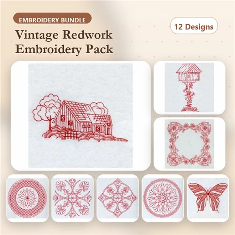 Vintage Redwork Embroidery Bundle – House, Tree, Floral & More (12 Designs)