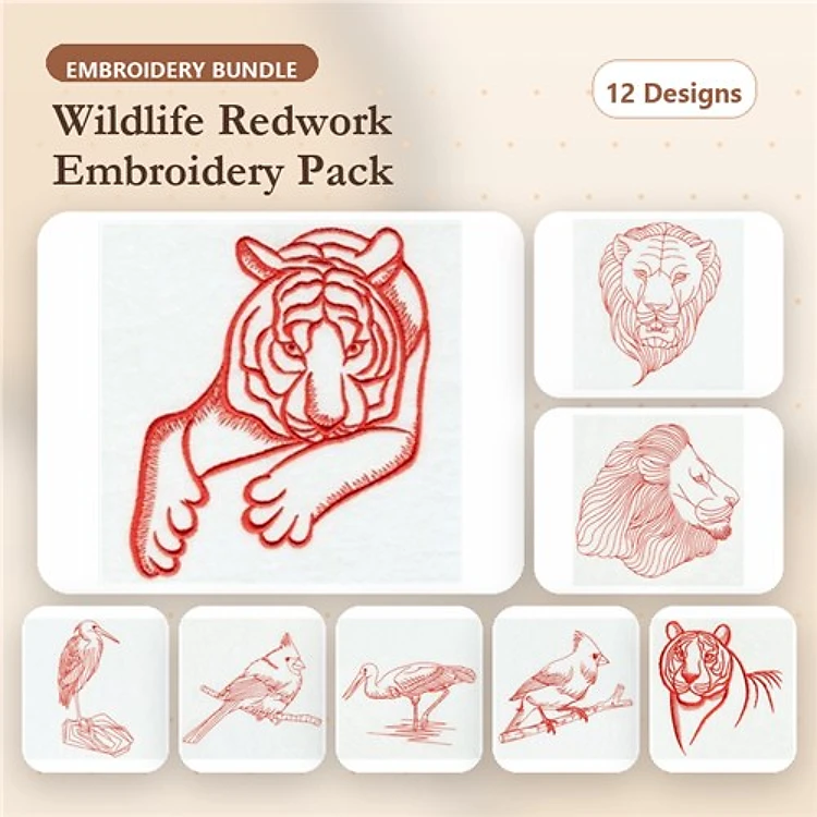 Redwork Wildlife Animal Embroidery Designs Bundle – Tiger, Lion Head, Eagle, Flamingo & More (12 Designs)