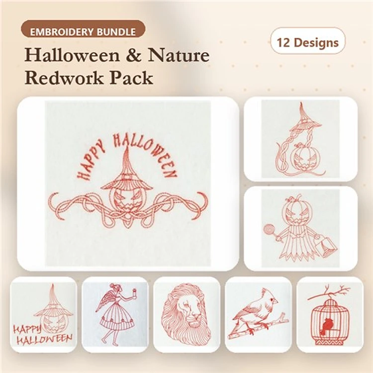 Redwork Halloween & Nature Embroidery Designs Bundle – Happy Halloween with Witch Hat, Witch Girl, Lion & More (12 Designs)