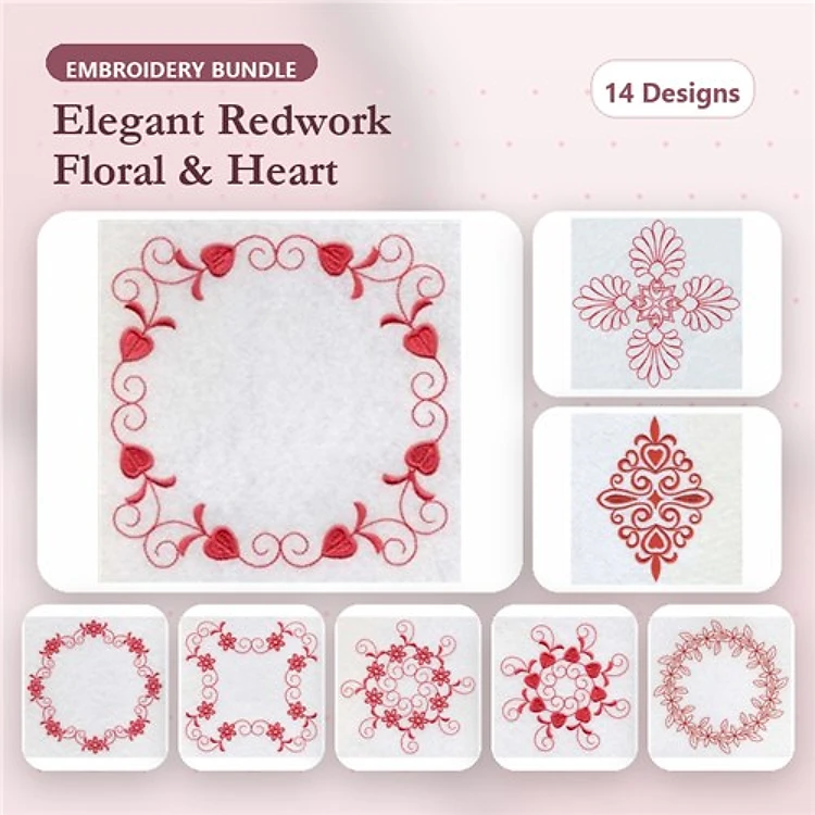 Redwork Elegant Floral & Heart Embroidery Bundle – Floral Heart Frame, Redwork Snowflake, & More (14 Designs)
