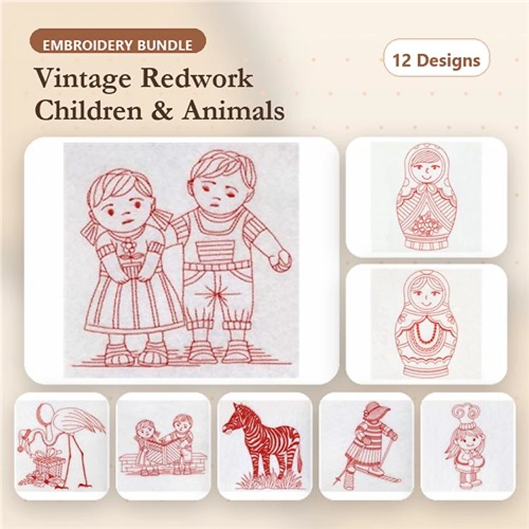 Redwork Vintage Children & Animals Embroidery Designs Bundle – Children Holding Hands, Zebra, Horse & More (12 Designs)