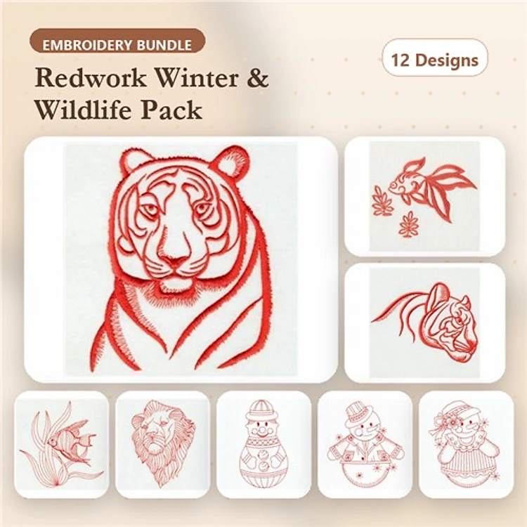 Redwork Winter & Wildlife Embroidery Designs Bundle – Tiger Portrait, Holiday Bear, Snowman & More (12 Designs)