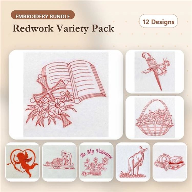 Redwork Valentine's Embroidery Designs Bundle – Open Book with Flowers, Cupid with Heart, Parrot & More (12 Designs)
