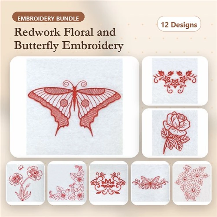 Redwork Floral & Butterfly Embroidery Bundle – Butterfly, Rose, Floral Doodle & More (12 Designs)