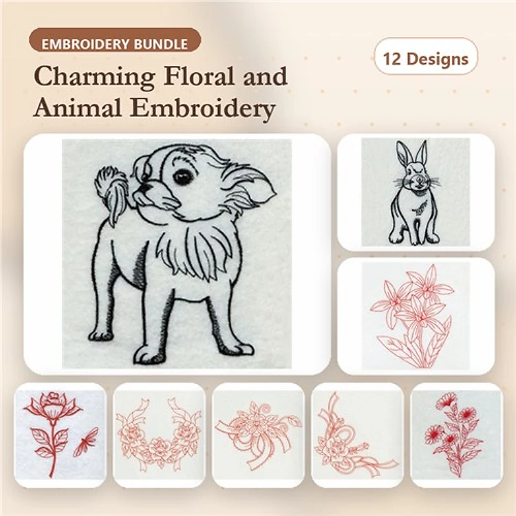 Charming Dog & Floral Embroidery Bundle – Cute Animal & Flower Designs (12 Designs)