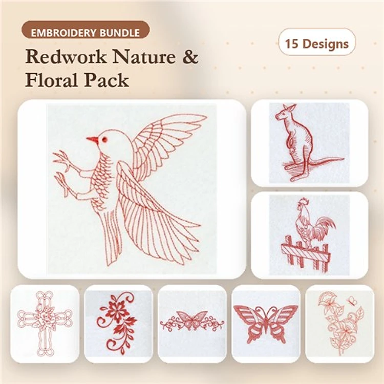 Redwork Nature & Floral Embroidery Bundle – Bird with Wings, Kangaroo, Floral Cross & More (15 Designs)