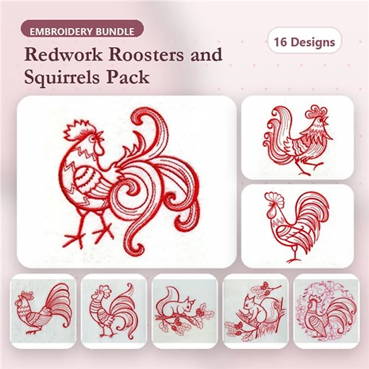 Redwork Roosters & Squirrels Embroidery Bundle – Rooster with Swirls, Squirrel with Tail up & More (16 Designs)