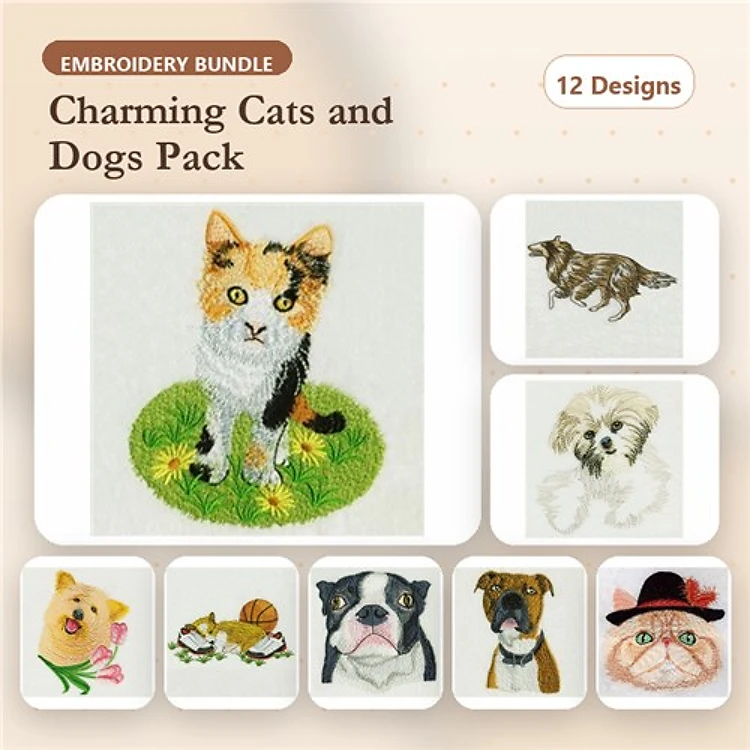Calico Cat & Dog Embroidery Bundle – Charming Pets (12 Designs)