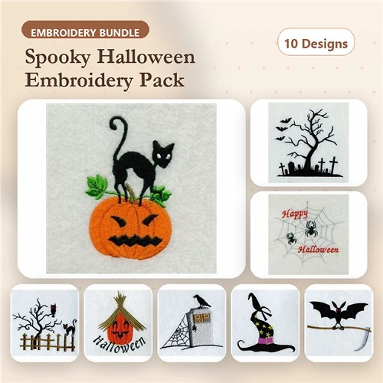 Halloween Themed Embroidery Designs Bundle – Cat on Pumpkin, Haunted House, Spider with Web & More (10 Designs)