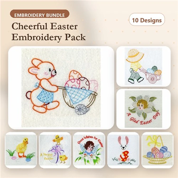 Redwork Easter Characters Embroidery Designs Bundle – Bunny with Eggs, Chick, Easter Fairy & More (10 Designs)